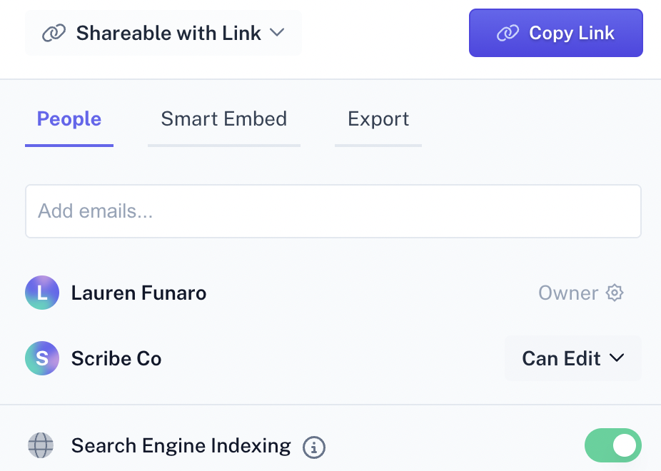A screenshot of Scribe’s sharing options. The header reads, “Sharable with Link.” Below, options like “People,” “Smart Embed” and “Export” are listed.