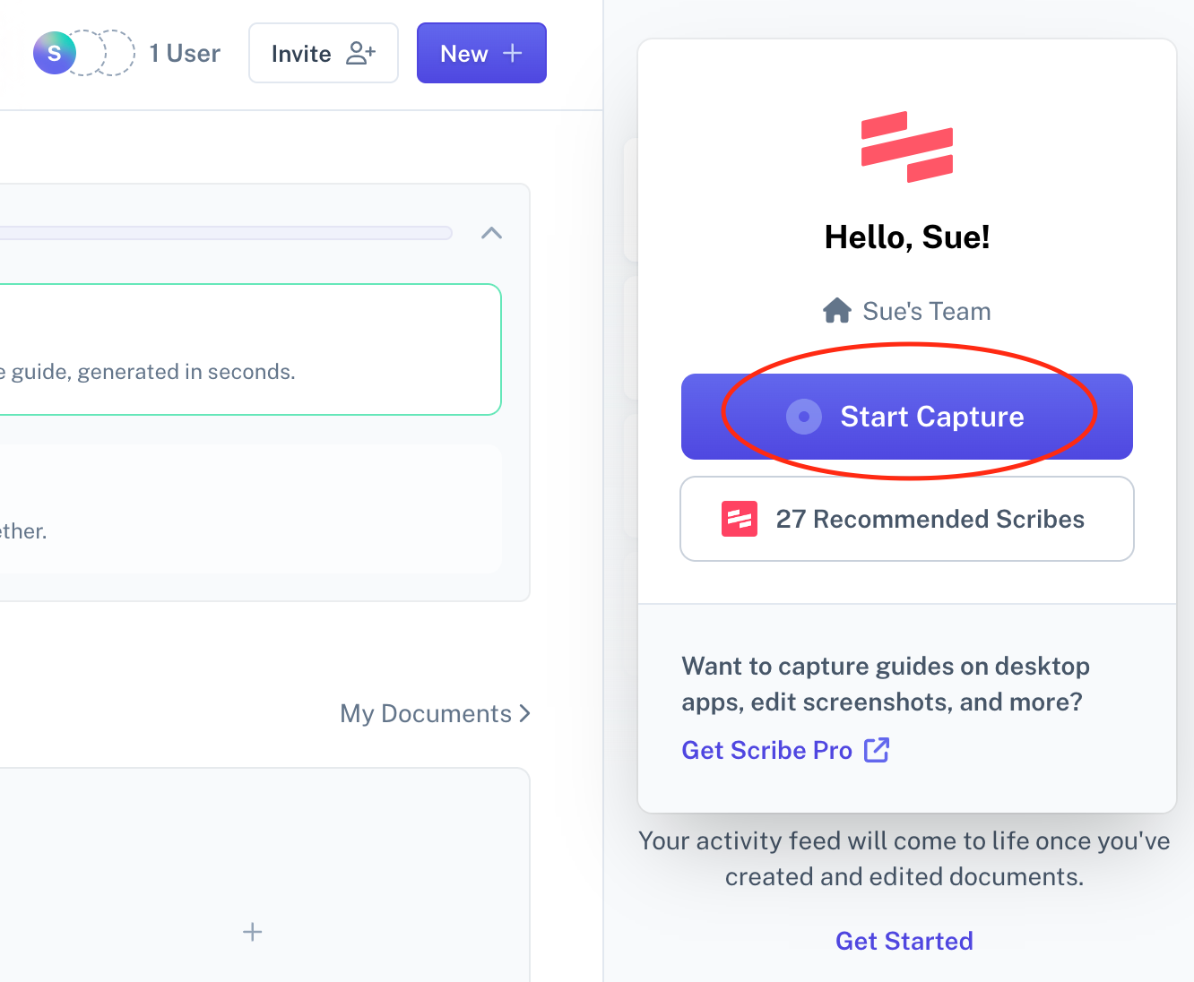 A screenshot of Scribe’s Chrome extension sidebar. The heading reads, “Hello, Sue!” Beneath that, a purple button reading “Start Capture” is circled in red.